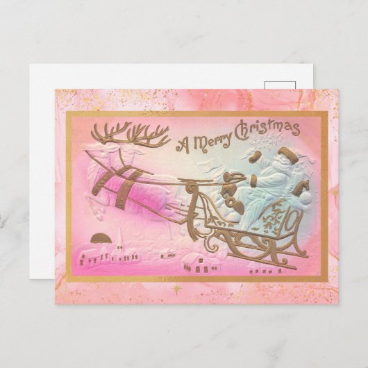  Roze Santa Sleigh met Rendier Kerst Feestdagenkaart (Voorkant / Achterkant)