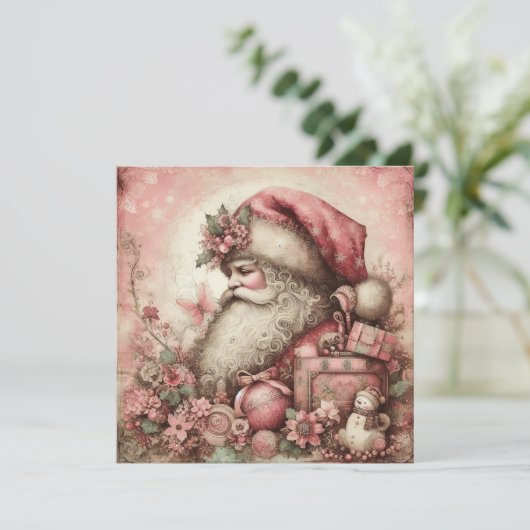 Roze  Santa Wenskaart Feestdagenkaart (Staand voorkant)