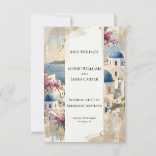 Roze Santorini bloemen save the date kaart