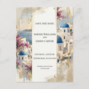 Roze Santorini bloemige 'Save The Date'-ansichtkaa Briefkaart