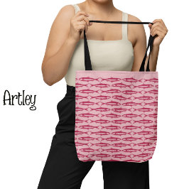 Roze Sardine Art Patroon Vis tekeningen Tote Bag