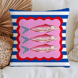 Roze Sardines op Blauwe Strepen Krachtige Zeevaart Kussen