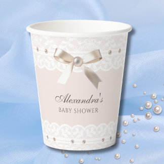 Roze Satijn Bow Regency Wit Kant Baby shower Papieren Bekers