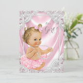 Roze Satijn Parel Baby Meisje Douche Kaart (Staand voorkant)