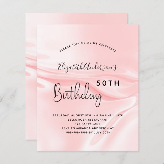 Roze satijnen zijde verjaardag budget uitnodiging (Voorkant / Achterkant)