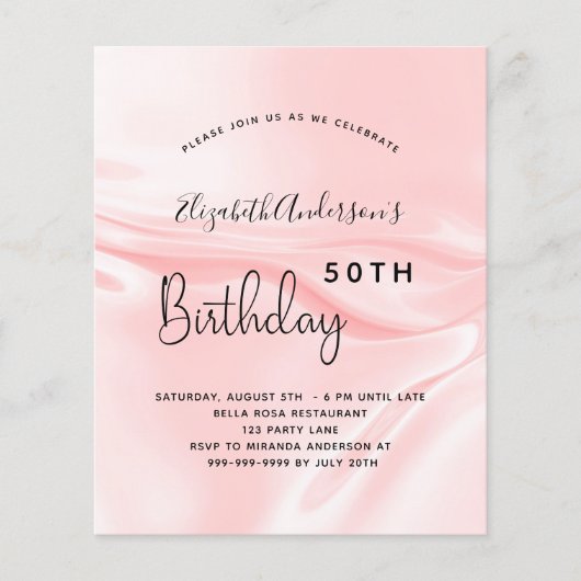 Roze satijnen zijde verjaardag budget uitnodiging (Voorkant)