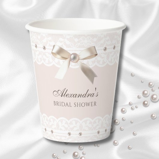 Roze Satin Bow Wit  Lace Vrijgezellenfeest Papieren Bekers