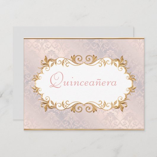 Roze satin en goud, uitnodiging van Quinceanera (Voorkant / Achterkant)