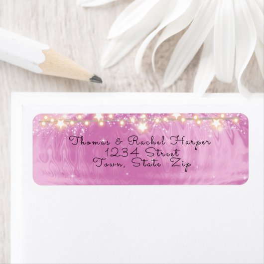 Roze satin Gold Stars Mousserend White Glitter Etiket (Insitu)