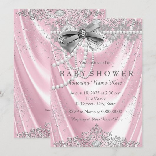 Roze Satin Pearl Girly Baby shower Kaart (Voorkant / Achterkant)
