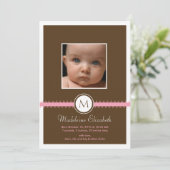 Roze Satin Ribbon met monogram geboorteaankondigin Aankondiging (Staand voorkant)
