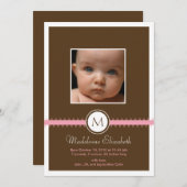 Roze Satin Ribbon met monogram geboorteaankondigin Aankondiging (Voorkant / Achterkant)