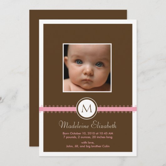 Roze Satin Ribbon met monogram geboorteaankondigin Aankondiging (Voorkant / Achterkant)