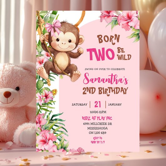Roze Savannah-aap Born Two Be Wild 2e verjaardag Kaart