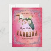Roze Save The Date - Florida kaart met mooie vogel (Voorkant / Achterkant)