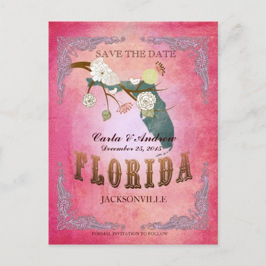 Roze Save The Date - Florida kaart met mooie vogel (Voorkant)