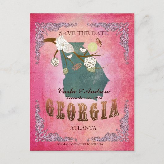 Roze Save The Date - Georgia kaart met mooie vogel (Voorkant)