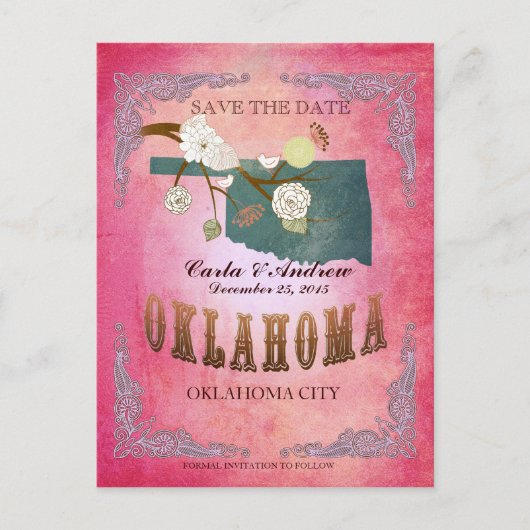 Roze Save the Date - Oklahoma Kaart met prachtige (Voorkant)