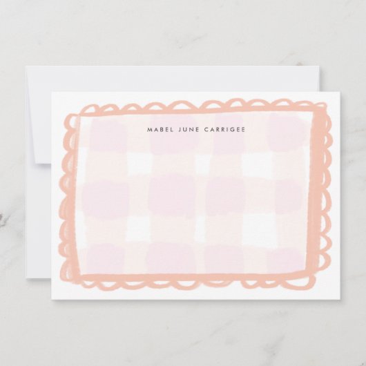 Roze Scallop Gingham Persoonlijke naam Notitiekaartje (Voorkant)