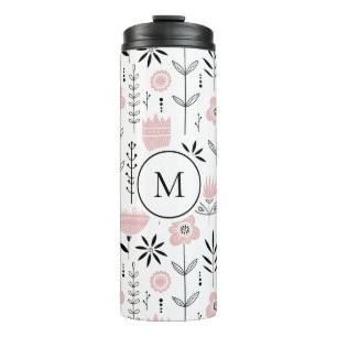 Roze Scandinavisch Bloempatroon Monogram Thermosbeker