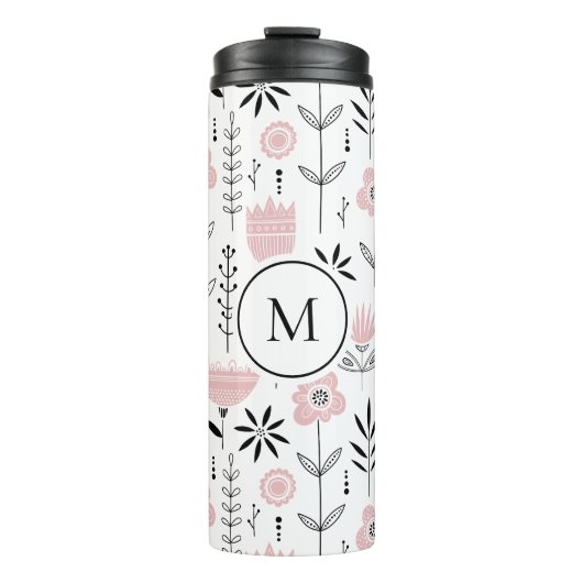 Roze Scandinavisch Bloempatroon Monogram Thermosbeker (Voorkant)