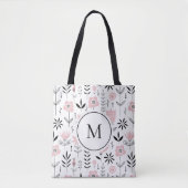 Roze Scandinavisch Bloempatroon Monogram Tote Bag (Voorkant)