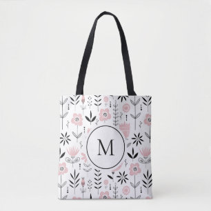 Roze Scandinavisch Bloempatroon Monogram Tote Bag
