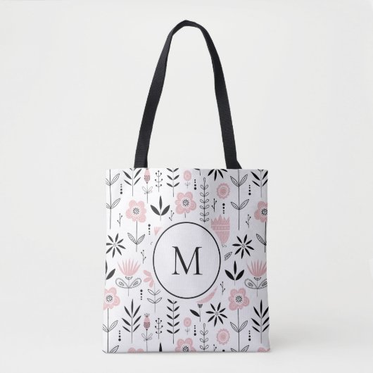 Roze Scandinavisch Bloempatroon Monogram Tote Bag (Voorkant)