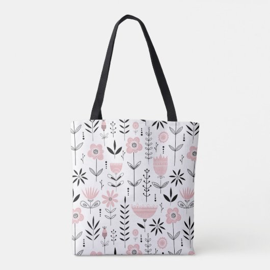 Roze Scandinavisch Bloempatroon Monogram Tote Bag (Achterkant)