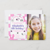 Roze schaakverjaardagsfeestje voor meisjes met fot kaart (Voorkant)