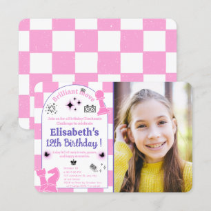Roze schaakverjaardagsfeestje voor meisjes met fot kaart