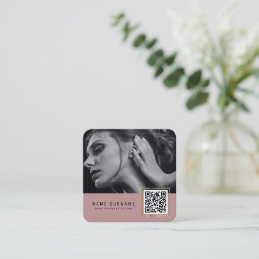 Roze, schaalbare streepjescode QR-codefoto Vierkante Visitekaartje (Staand voorkant)