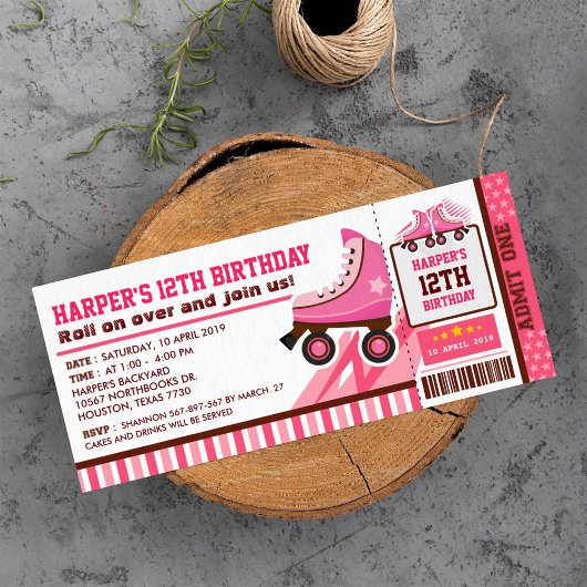 Roze Schaats van Roller Sport Ticket Pass Birthday Kaart