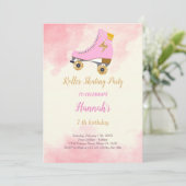 Roze schaats verjaardagsuitnodiging kaart (Staand voorkant)