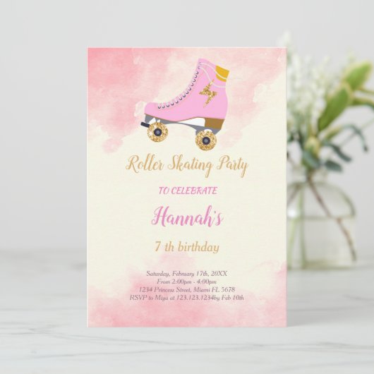 Roze schaats verjaardagsuitnodiging kaart (Staand voorkant)