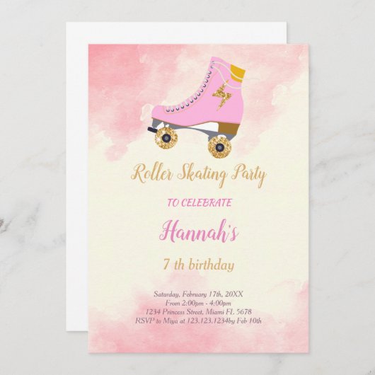 Roze schaats verjaardagsuitnodiging kaart (Voorkant / Achterkant)