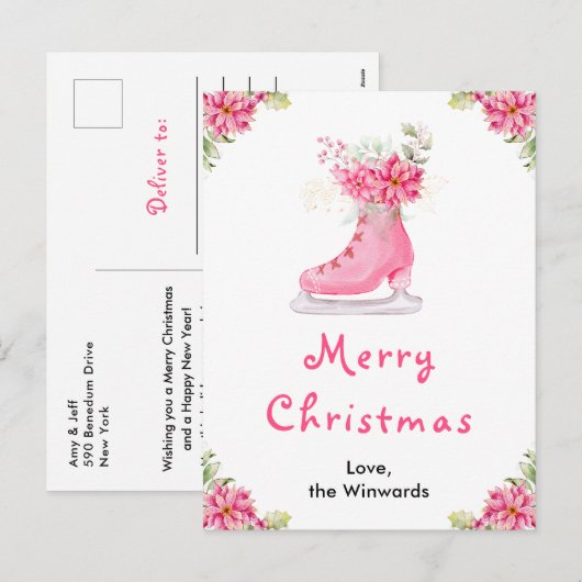 Roze schaatsen Kerstmis Feestdagenkaart (Voorkant / Achterkant)