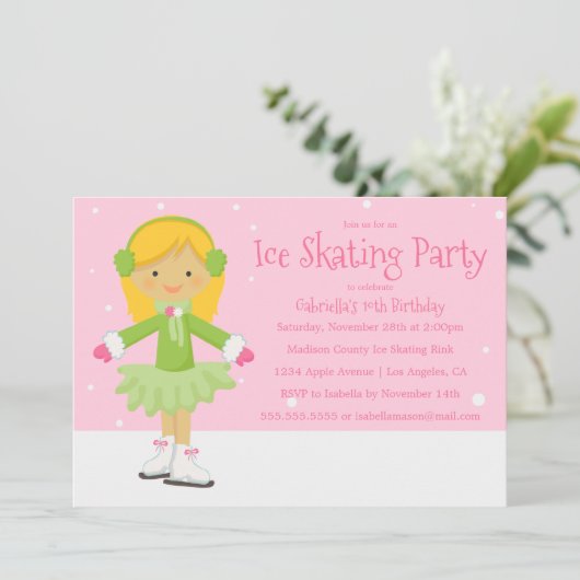 Roze schaatsen | Verjaardagsfeestje uitnodigen Kaart (Staand voorkant)