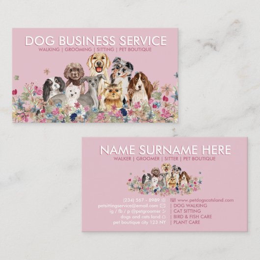 Roze Schaduw Hond Grooming Walking Sitting Visitekaartje (Voorkant / Achterkant)
