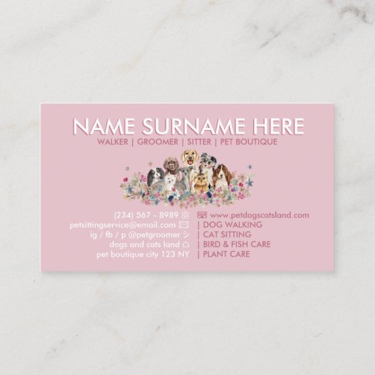 Roze Schaduw Hond Grooming Walking Sitting Visitekaartje (Achterkant)