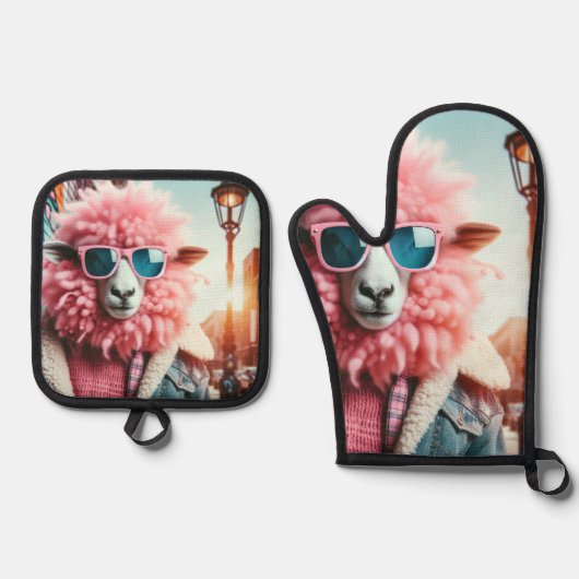 Roze schapen ovenwant & pannenlap set (Voorkant)