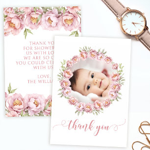 Roze schattig bloemenbaby meisje douche dank u kaa bedankkaart