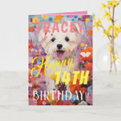 Roze Schattig Dog Happy Birthday Kaart (Gele Bloem)