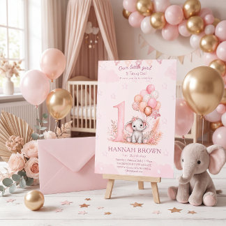 Roze schattig meisje olifant 1e bloemenverjaardag kaart
