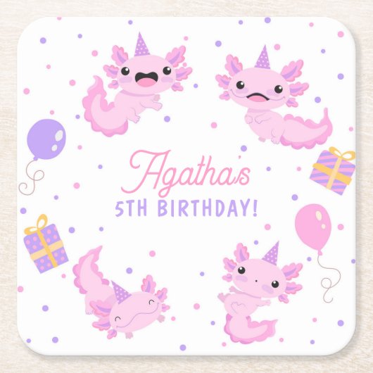 Roze Schattige Axolotl Meisje Verjaardag Kartonnen Onderzetters (Voorkant)