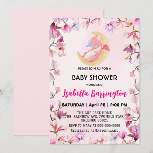 Roze Schattige baby draak dino bloemen baby shower Kaart (Voorkant / Achterkant)