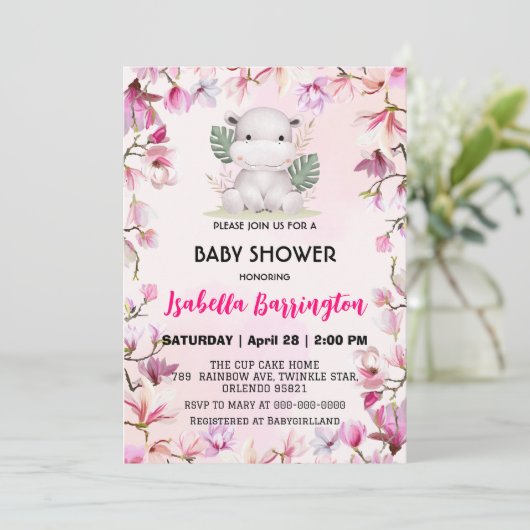 Roze Schattige baby hippo bloembloem baby shower k Kaart (Staand voorkant)