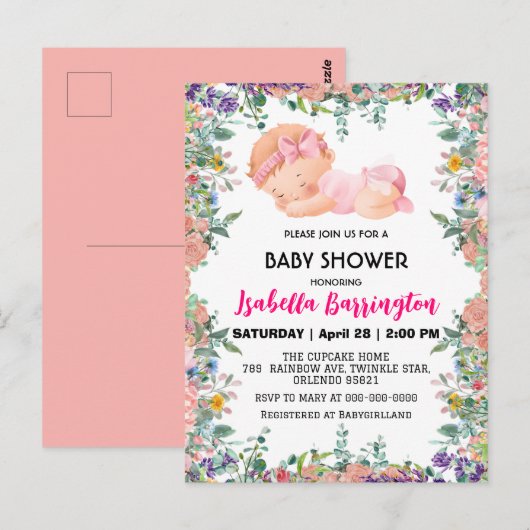 Roze Schattige Baby Meisje Bloemen baby shower kin Briefkaart (Voorkant / Achterkant)