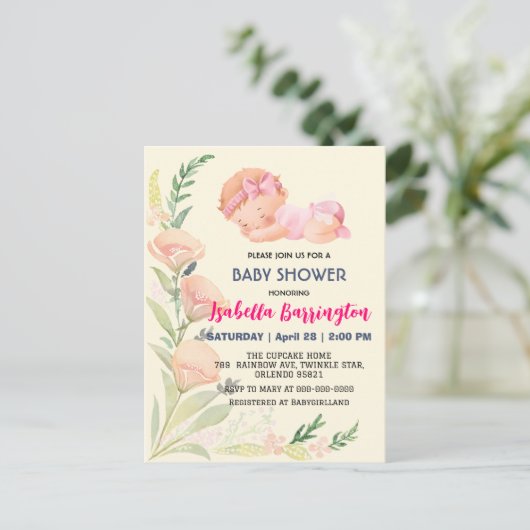 Roze Schattige Baby Meisje tulp bloemen baby showe Briefkaart (Staand voorkant)
