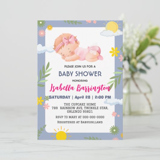Roze Schattige Baby Meisje zomerbloemen baby showe Kaart (Staand voorkant)